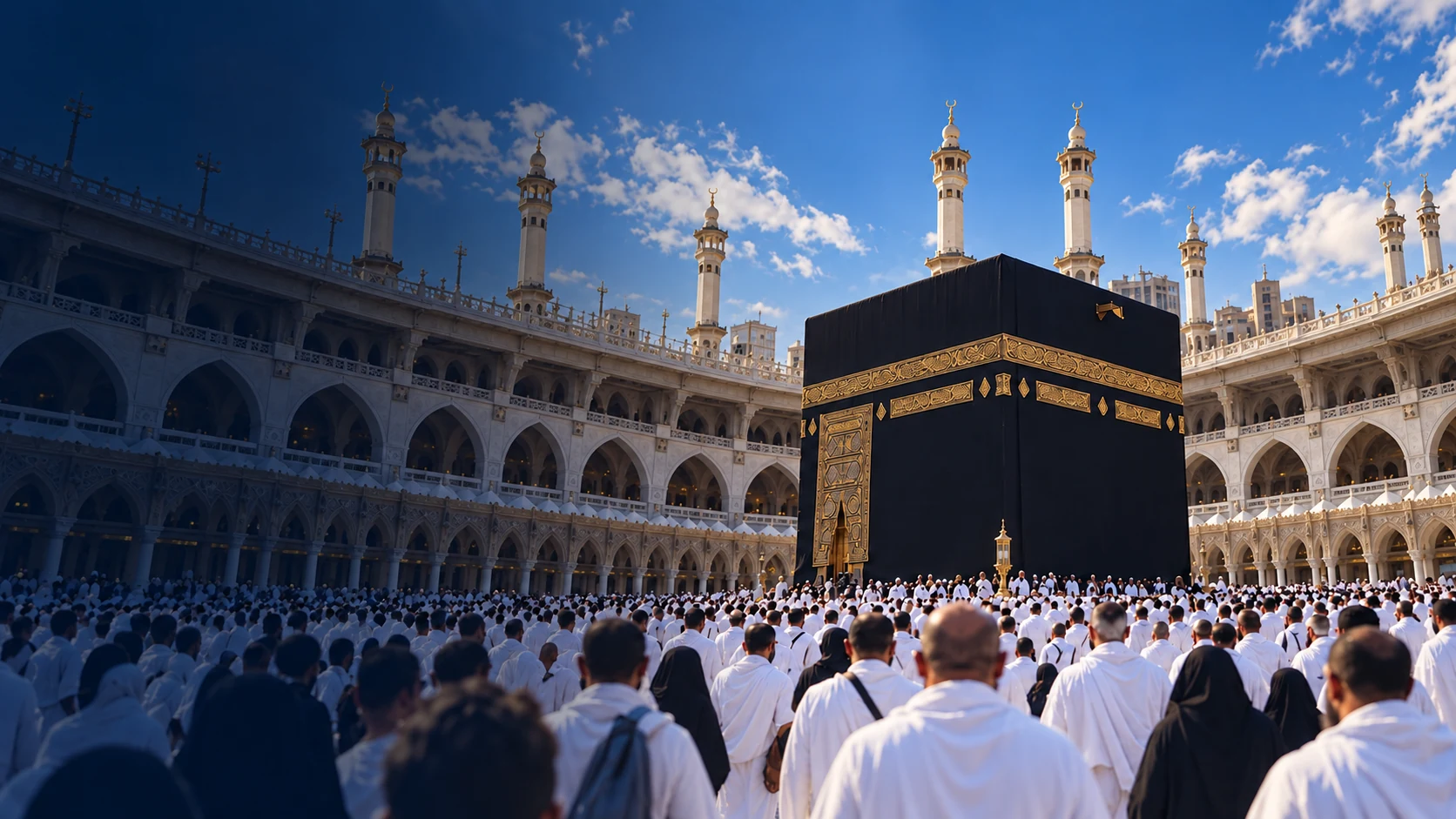 La Kaaba et la mosquée sacrée de La Mecque sous un ciel lumineux